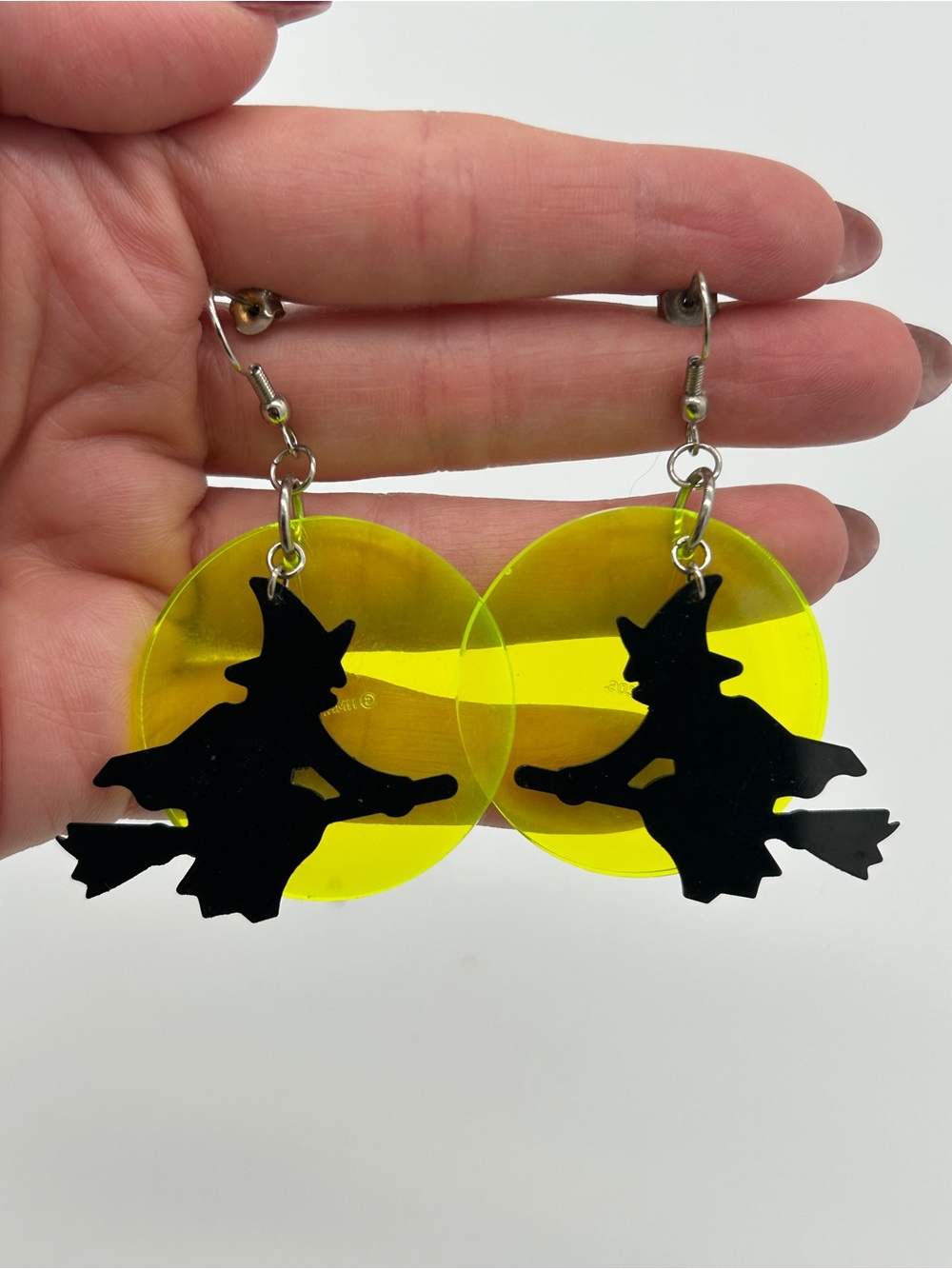 Vintage Hallmark Acrylic Witch Moon Dangle Earrings Halloween Translucent Neon